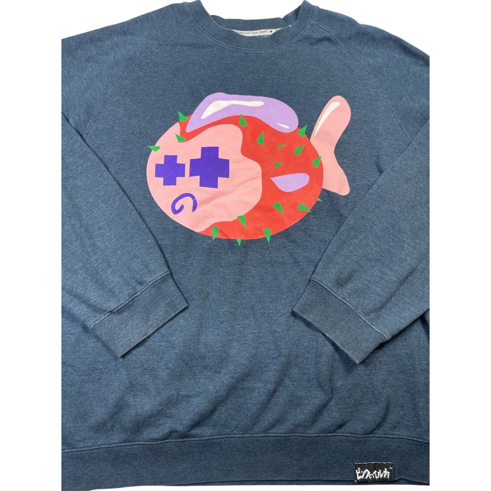 Pink Dolphin Sweatshirt Men's 2XL Heather Blue Pufferfish Graphic Lined Pullover
